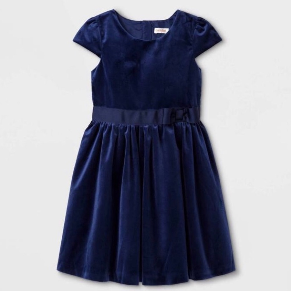 Girls blue Velvet Bow Dress